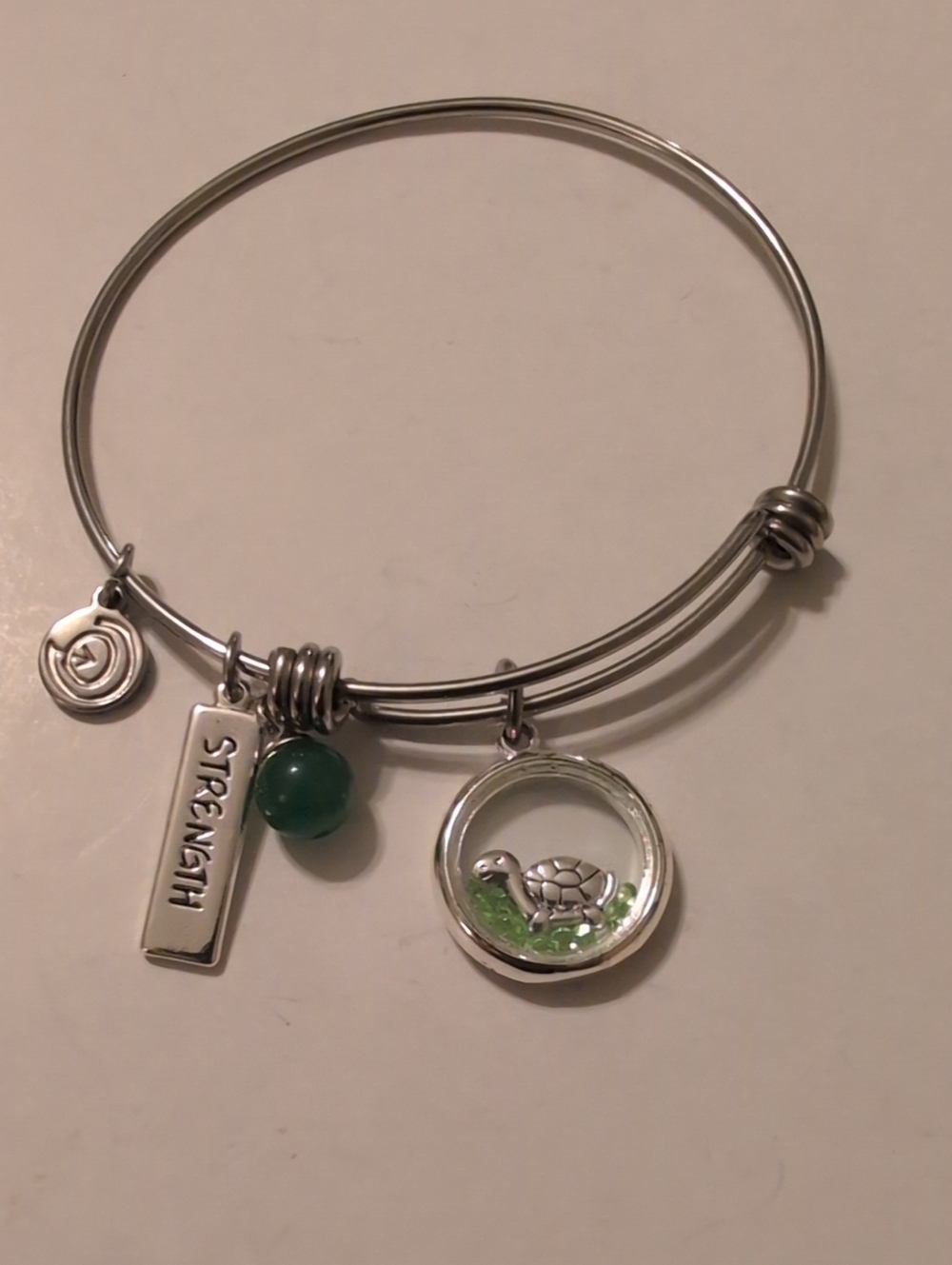 Silver-Tone Turtle Charm Strength Bangle Bracelet in Green